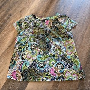 Talbots Shirt Womens 10P Petite Paisley Green Split Neck Satin Feel Short Sleeve